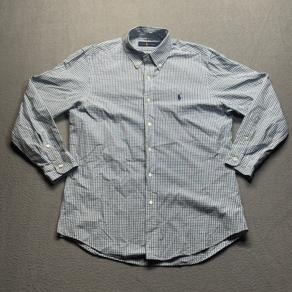Ralph Lauren Mens Gingham Button Down Shirt Medium Green Blue Check Long Sleeve